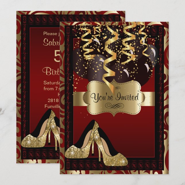 Tionde Födelsedagsfesten | Guld Högklackars Leopar Inbjudningar (Fram/baksida)