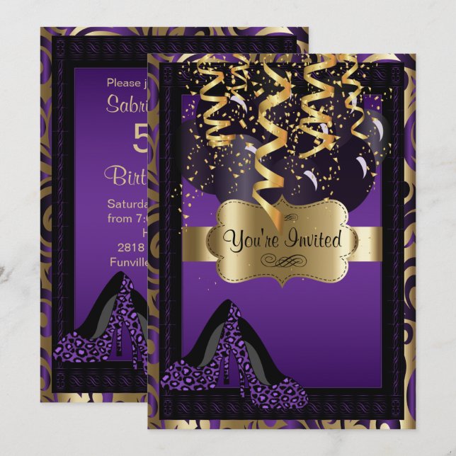 Tionde Födelsedagsfesten | Lila Högklackar Leopard Inbjudningar (Fram/baksida)