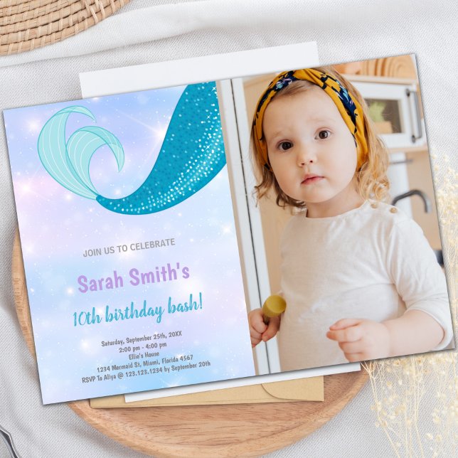 Tionde Sjöjungfruns födelsedagsinbjudningar med fo Inbjudningar (10th Mermaid birthday invitations with photo)