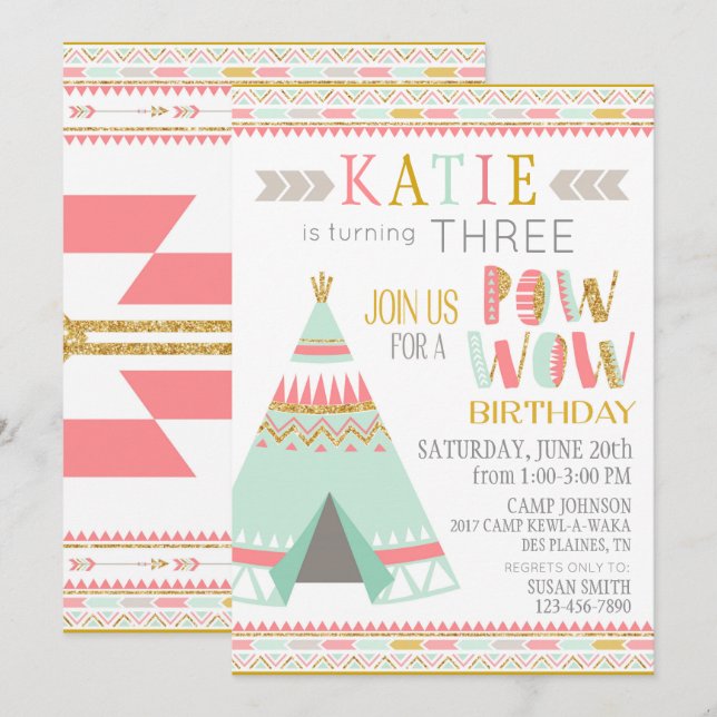 Tipi Native Indian Pow Wow Birthday Inbjudningar (Fram/baksida)