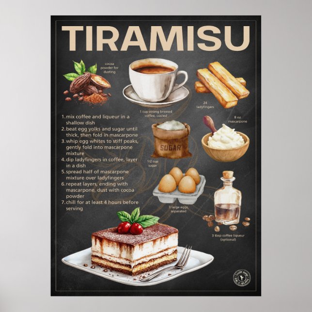 Tiramisu Recipe Chalkboard Italiana Dessert Art Poster (Framsidan)