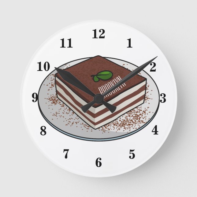 Tiramisu-tårta, tecknad illustration rund klocka (Framsida)