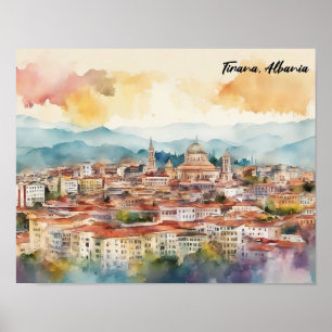Tirana Albanien Watercolor Painting Panorama View Poster