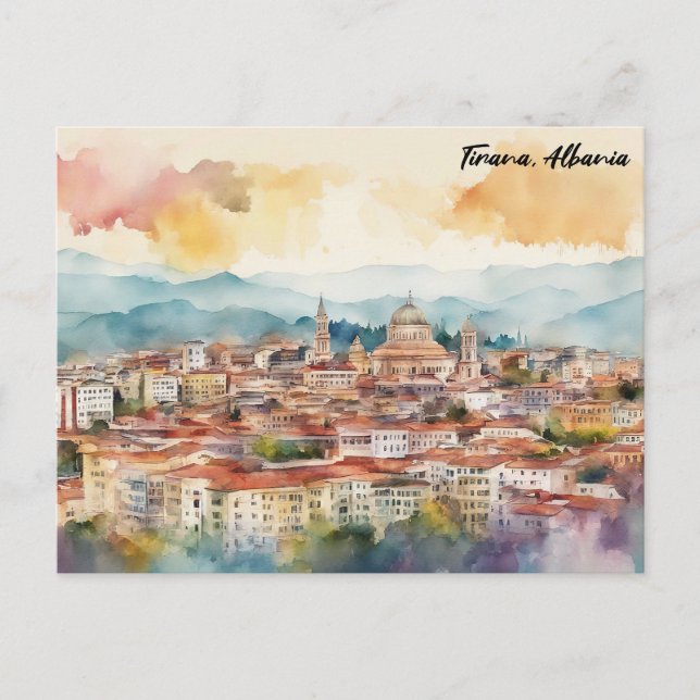 Tirana Albanien Watercolor Painting Panorama View Vykort (Framsida)