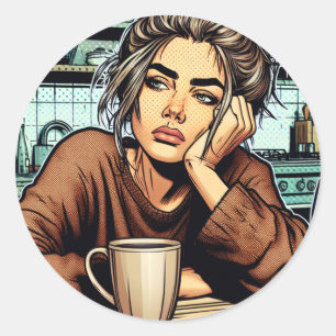 Tired Dam med kaffe Tecknad Bok Pop Art Runt Klistermärke