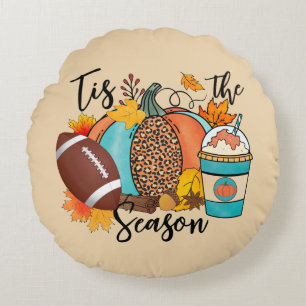 "Tis säsong - fall, fotboll och pumpkin Spice Rund Kudde