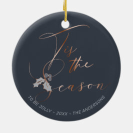 Tis Season Copper Calligraphy Dusty Blue Julgransprydnad Keramik