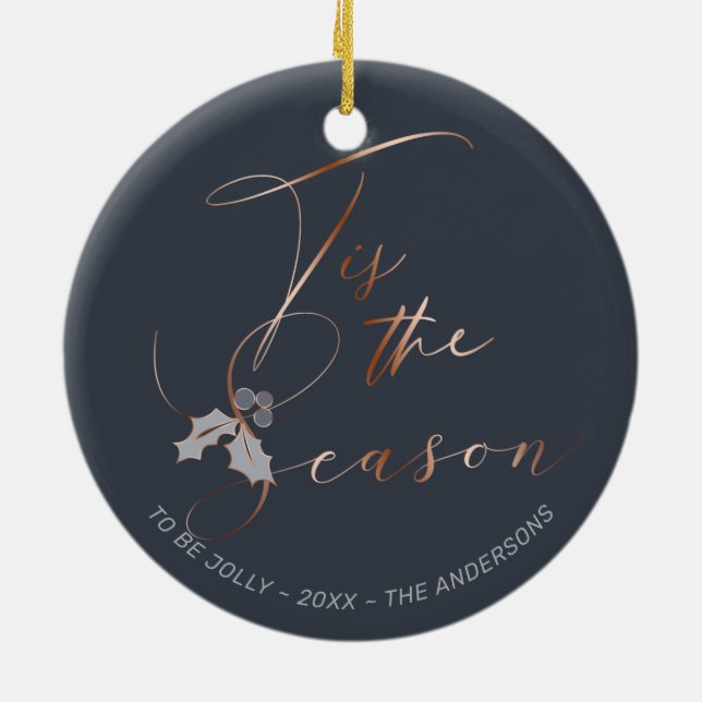 Tis Season Copper Calligraphy Dusty Blue Julgransprydnad Keramik (Baksidan)