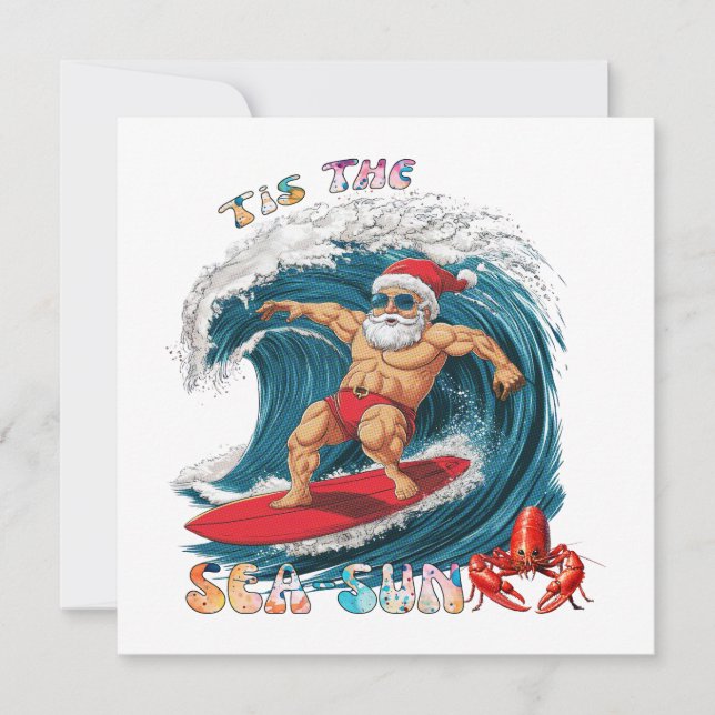 Tis The Sea-Sun - Surfande Tomte Julkort (Framsida)