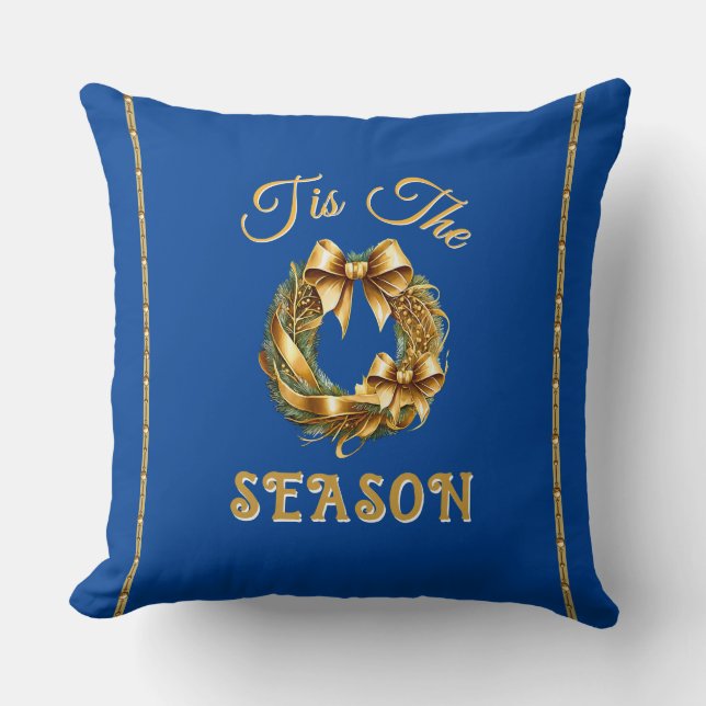 "Tis The Season" Blue Gold Wreathe Kudde (Framsida)