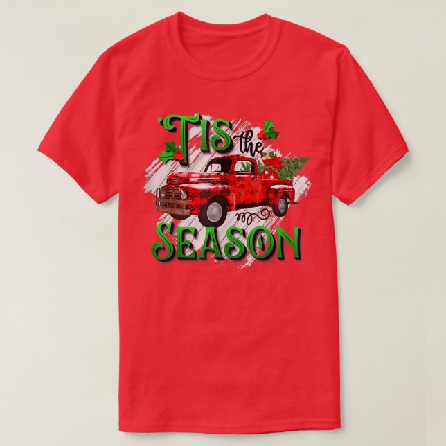 Tis The Season Red Plaid Retro Truck Christmas Xma T Shirt (Design framsida)