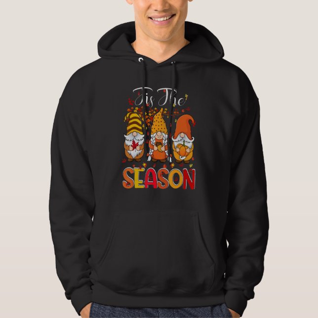 Tis The Season Three Gnomes Pumpkin Fall Leaves Th Hoodie (Framsida)