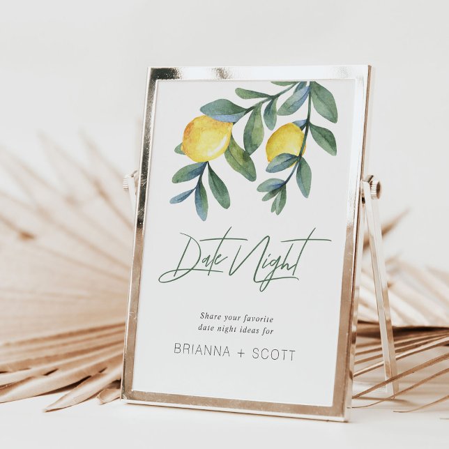Tisdag Lemon-Möhippans speltecken (Date night lemon bridal shower date night sign shown in gold frame)