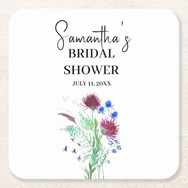 Tistel Lila Blommor Skotska Boho Bröllopsfest Underlägg Papper Kvadrat (Framsidan)