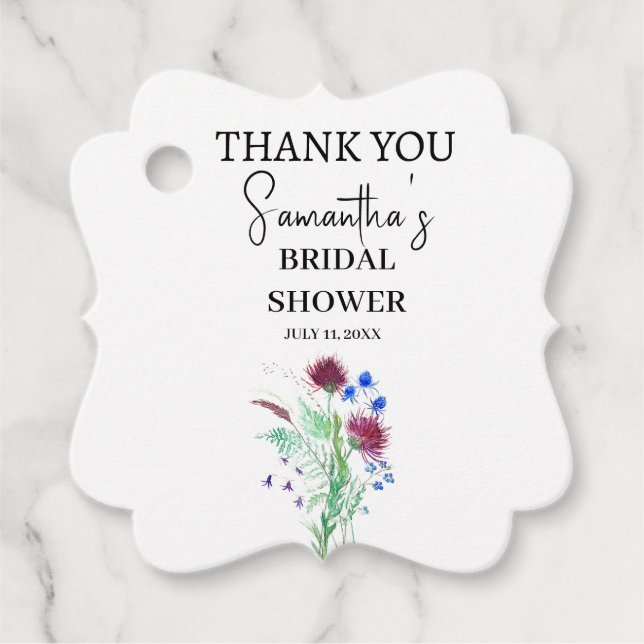 Tistel Lila Blommor Skotskt Boho Bröllopsdusch Gåvor Etiketter (Framsida)