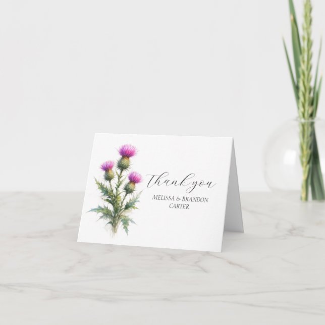 Tistel Lila Skotsk Blommig Bröllop Tack  Kort (Framsida)
