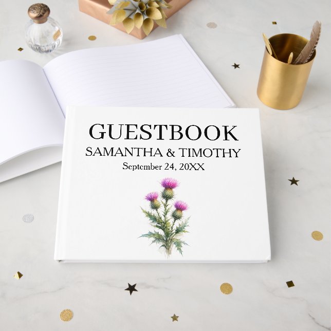 Tistel Skotsk akvarell Blommig Bröllop Gästböcker (Framsida Öppen)