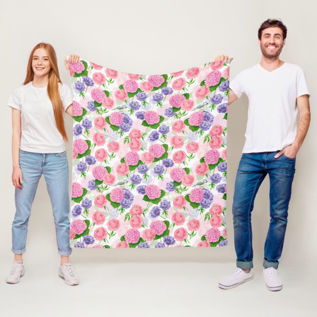 Tit-fågel och blommor fleecefilt (På plats)