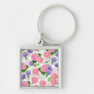 Tit-fågel och blommor fyrkantig silverfärgad nyckelring