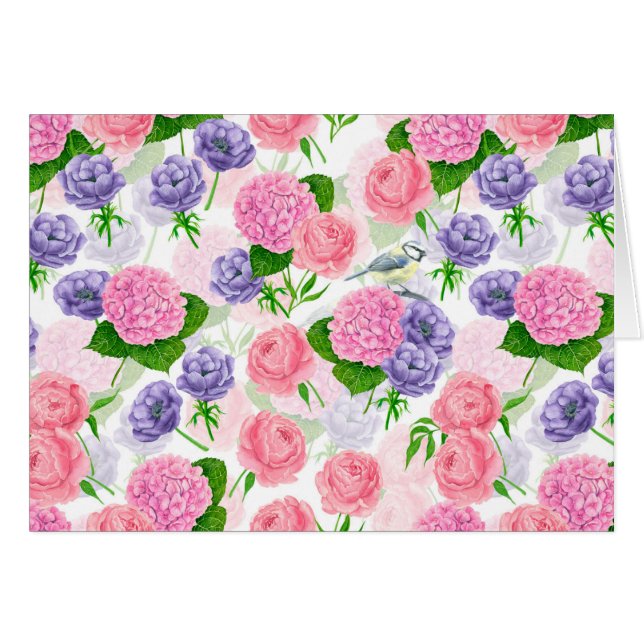 Tit-fågel och blommor hälsningskort (Framsidan Horizontal)