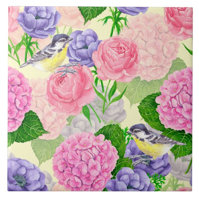 Tit-fågel och blommor kakelplatta (Framsidan)