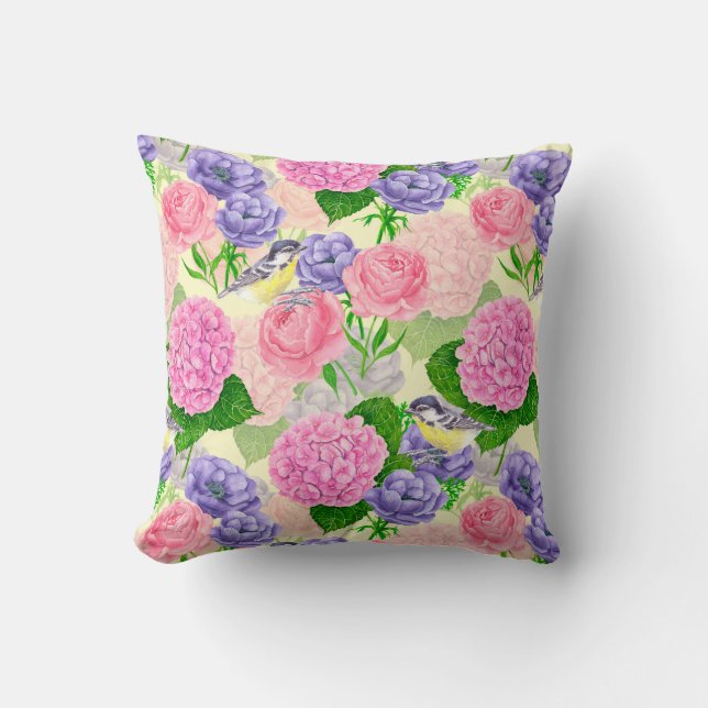 Tit-fågel och blommor kudde (Framsida)
