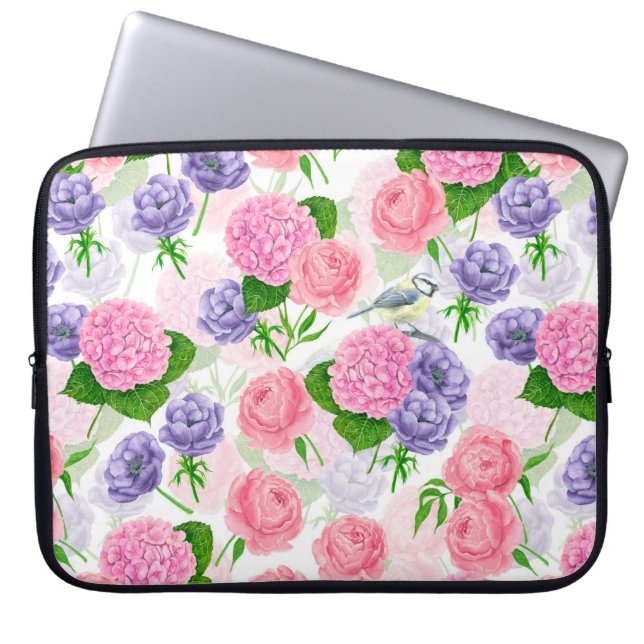 Tit-fågel och blommor laptop fodral (Framsidan)