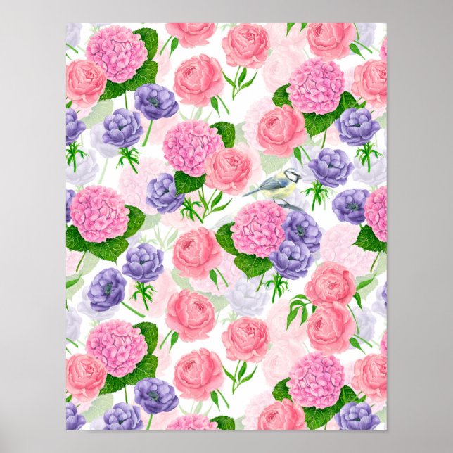 Tit-fågel och blommor poster (Framsidan)