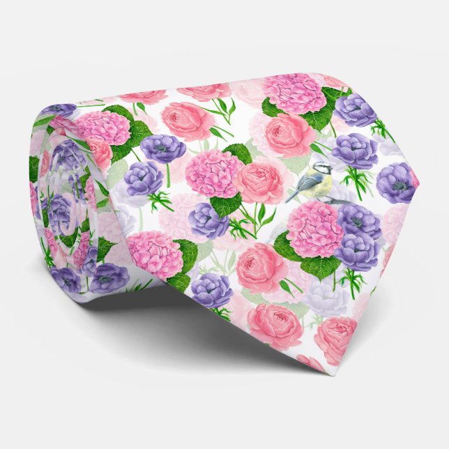 Tit-fågel och blommor slips (Rullad)