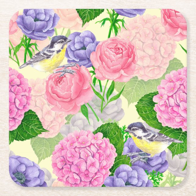 Tit-fågel och blommor underlägg papper kvadrat (Framsidan)
