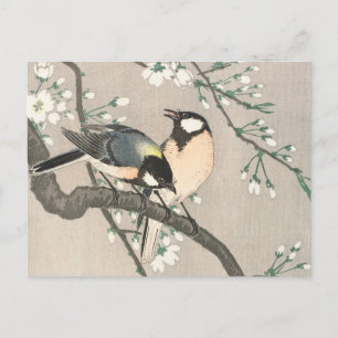 Tit on Cherry Gren Painting by Ohara Koson Vykort