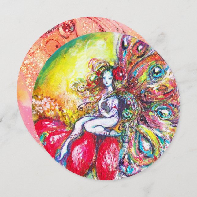 TITANIA OCH RÖD BLOMMA, Grön Gul Pink Sparkles Inbjudningar (Fram/baksida)