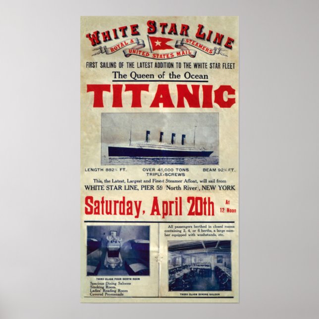 Titanic Ankomst Välkomst Annons 20 April 1912 Poster (Framsidan)