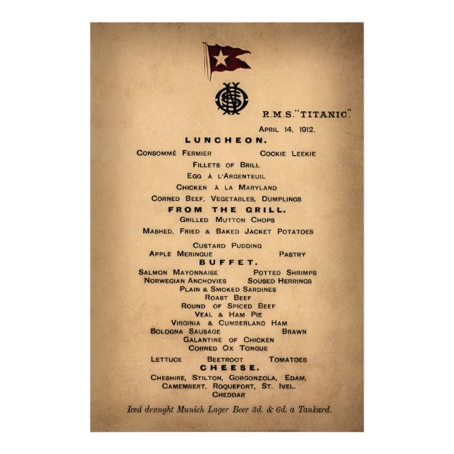 TITANIC Final Luncheon Menu 1912 Fototryck (Framsidan)