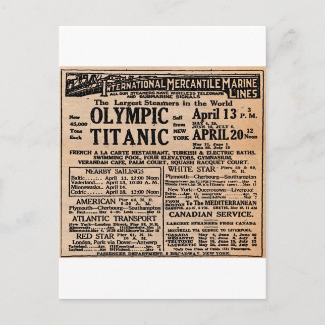 Titanic Newspaper Ad Vykort (Framsida)