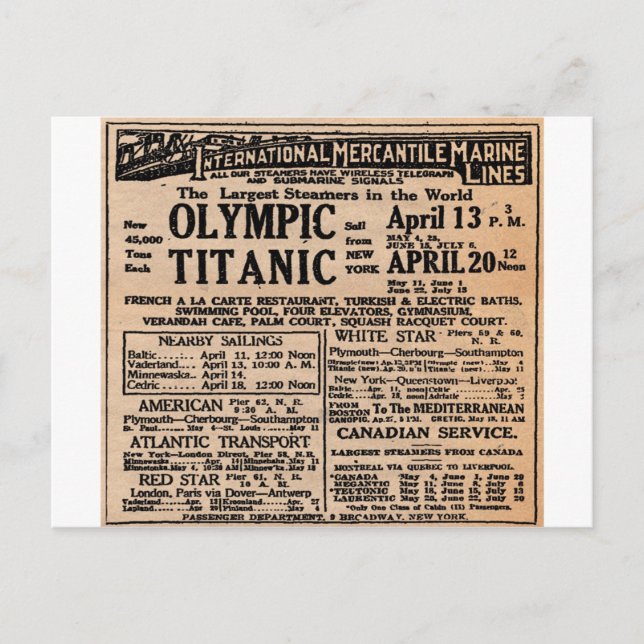 Titanic Newspaper Ad Vykort (Framsida)