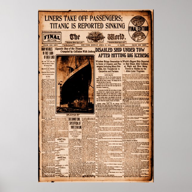 Titanic rapporteras sjunka Sepia gammaldags marin- Poster (Framsidan)