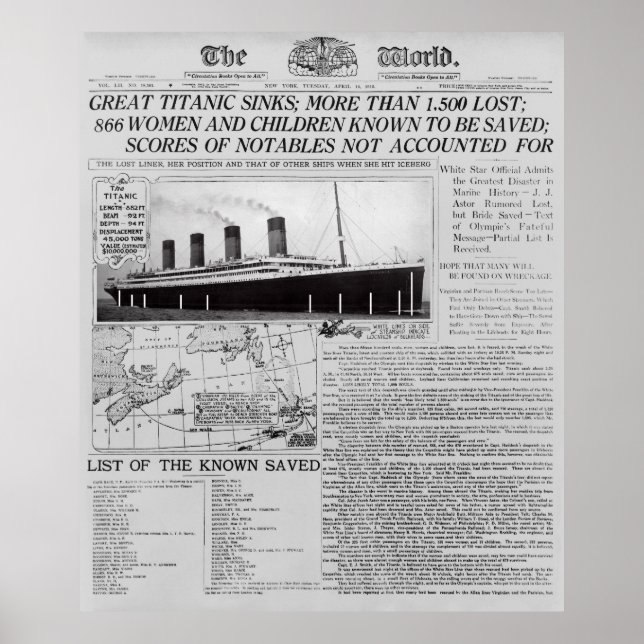 TITANIC SINKS - Frontpage News Worldwide 1912 Poster (Framsidan)