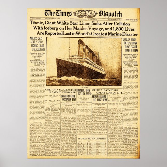 Titanic sjunker efter kollision med isberg 1912 poster (Framsidan)