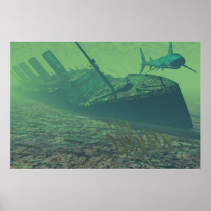 Titanic under vatten, grönt-blått. poster