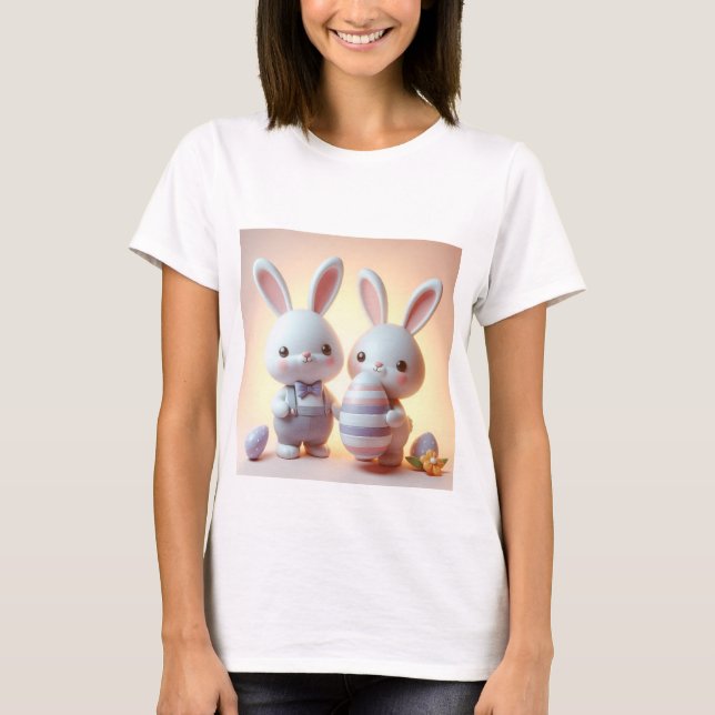 Titel: Charming 3D-Påskhare med Festive Egg T Shirt (Framsida)