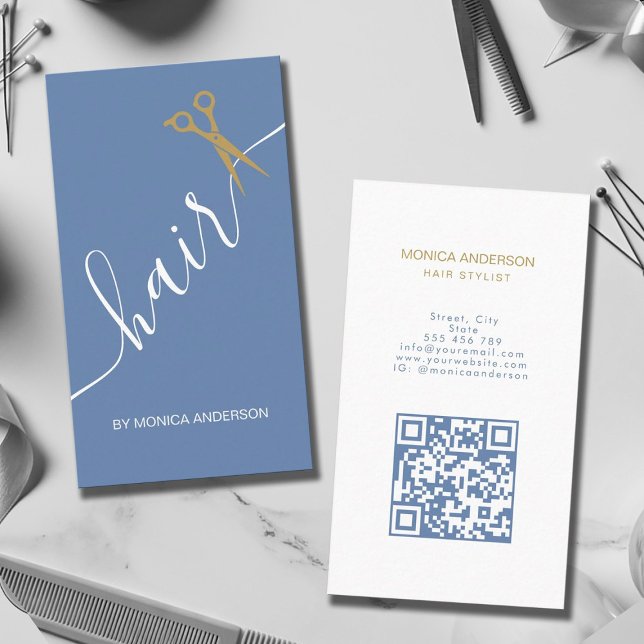 Titel: Dammtor Blue Guld Hår Script Sax QR-kod Visitkort (Dusty Blue Gold Hair Script Scissor QR Code Business Card)