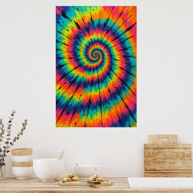Titel: Levande Neon Spiral Tie-Dye Konst Poster (Kök)