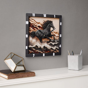 Titel: Majestic Gallop: Carved Wood Stil Horse Fyrkantig Klocka