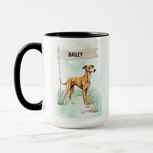 Titel: Målad Greyhound Hund med Namn Mugg (Vänster)