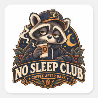 Titel: No Sleep Club Kaffe Efter Mörker Tvättbjörn Fyrkantigt Klistermärke