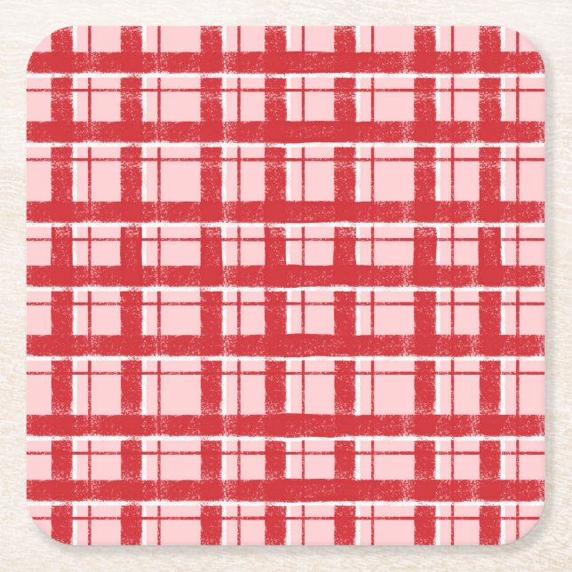 Titel  Rosa & Röd Texturerad Rutig Mönster | Klass Underlägg Papper Kvadrat (Framsidan)