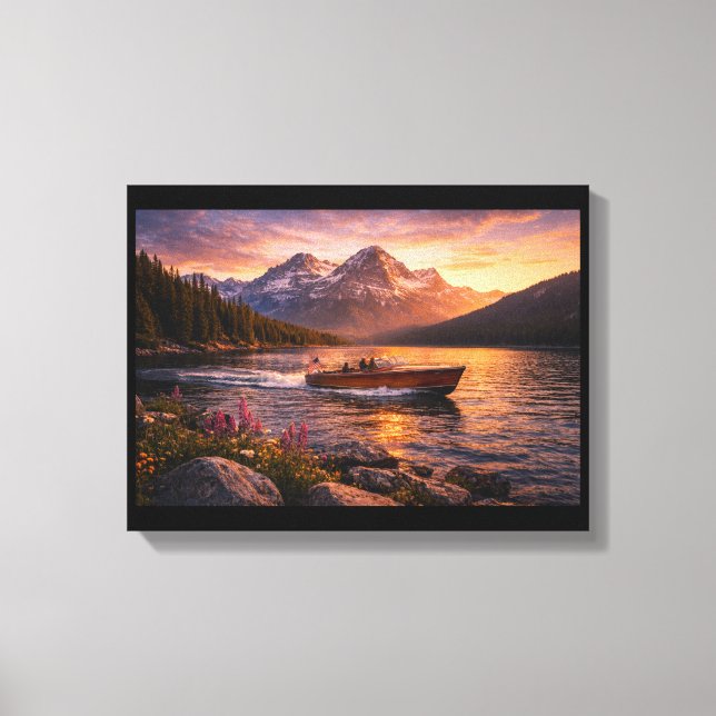 Titel  Solnedgång vid Golden Mountain Lake med trä Canvastryck (Framsida)