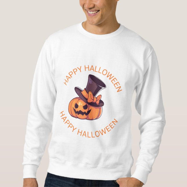 Titel: Tecknad Pumpkin med Top hat-Lycklig Hallow Lång Ärmad Tröja (Framsida)