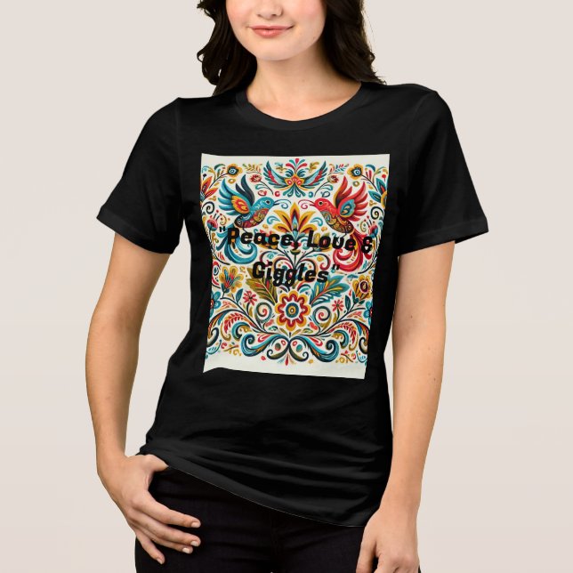 Titel: Vibrant Folk Art Blommönster T-Shirt (Framsida)